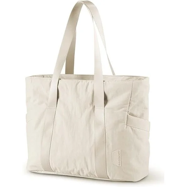 Naisten käsilaukku vetoketjulla, treenikassi lokeroilla, työlaukku kannettavalle tietokoneelle (Beige, M)