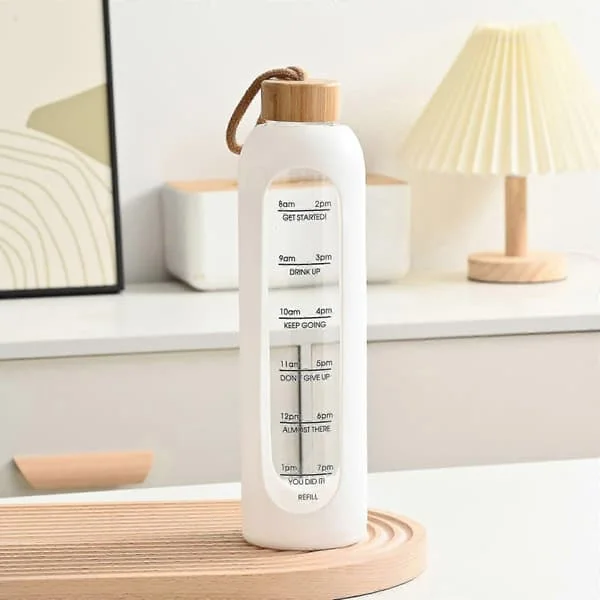 Glass Water Bottle with Silicone Sleeve Water Bottle with Time Markers Clear Borosilicate Glass Monitor Your Daily Water Intake 1 Liter - White