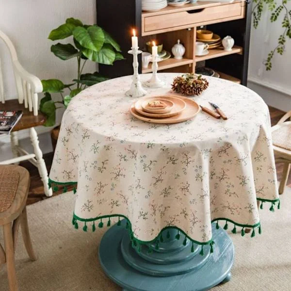 (Beige) Picknick 150cm Pyöreä Pöytäliina Ronde Pellava Puuvilla Kukkaprintti, Pestävä hapsullinen pyöreä pöytäliina, Pieni tahroja hylkivä pyöreä 