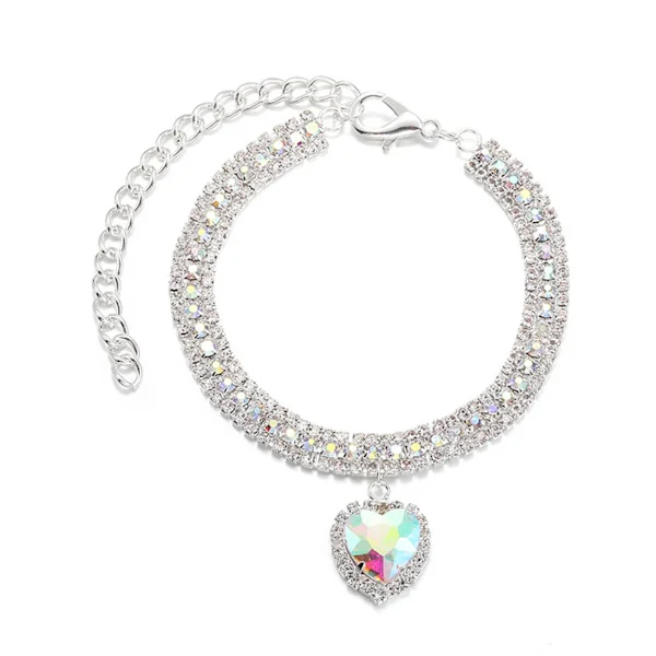 Halsband för husdjur, tre rader färgade strass, halsband, smycken, katt- och hundtillbehör, tyst blå rosa kärlekshänge