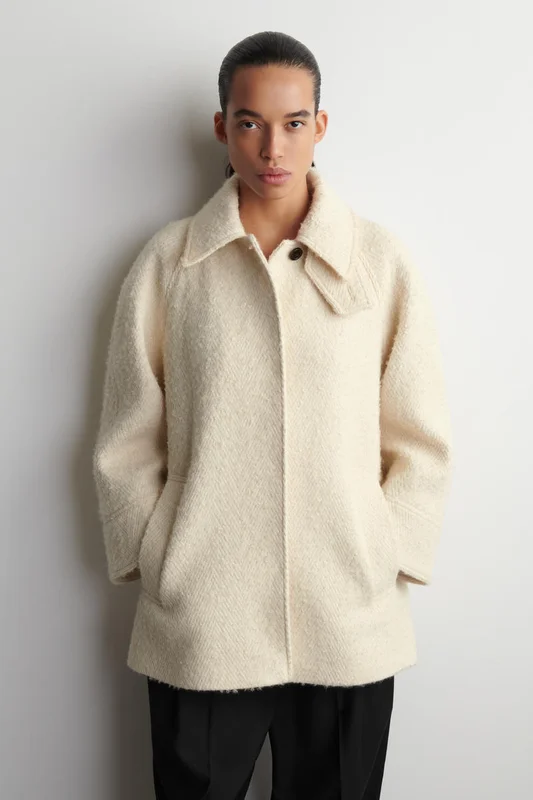 COS Funnel-Neck Wool-Herringbone Short Coat in Beige - Women
