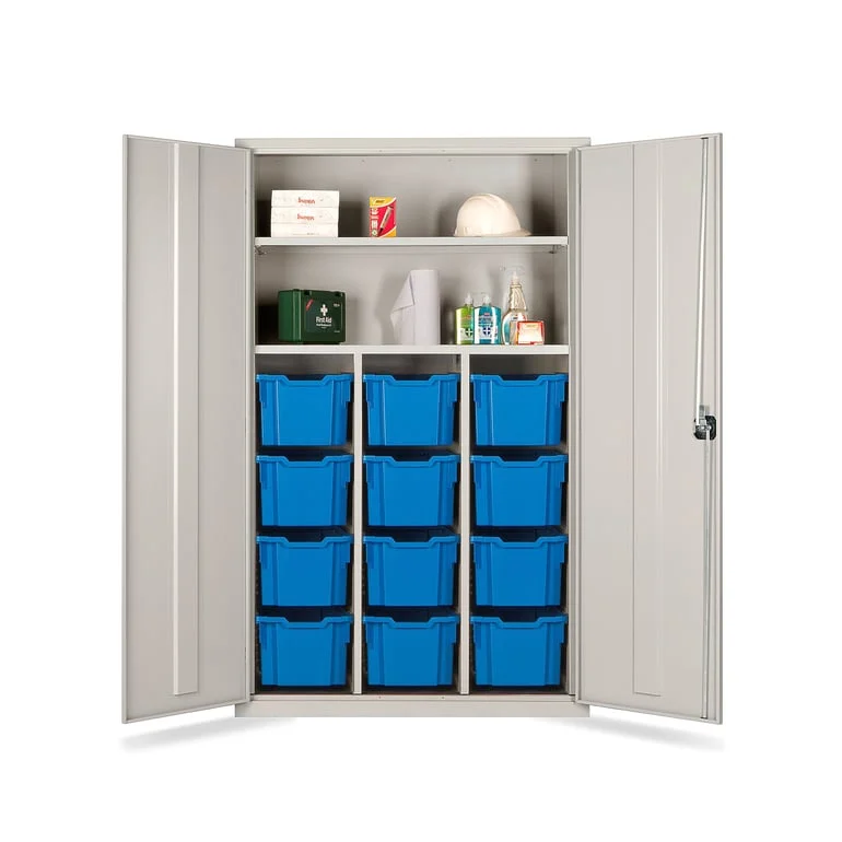 Teacher's tray storage cupboard, 1830x1120x457 mm, grey, with 12 blue trays