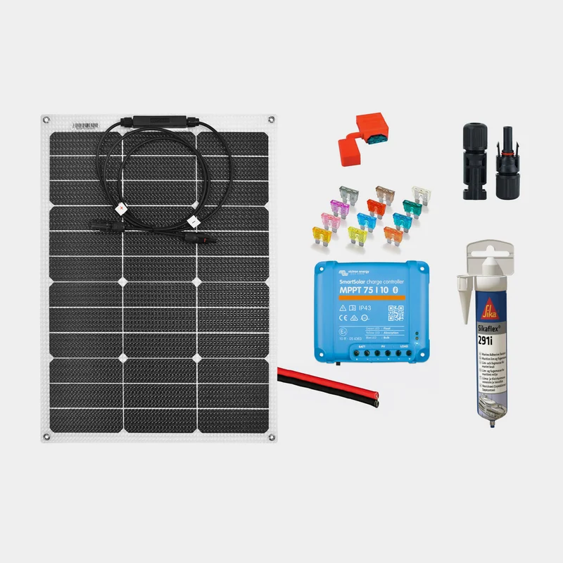 Solcellspaket för fast installation Juni Solar Junction Box, 60 W, monokristallin, flexibel, 12 V, 580 x 540 x 3 mm, med MPPT-regulator (10 amp) + kab