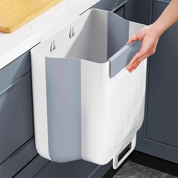 Liten sammenleggbar hengende søppelbøtte for benkeplate, plast, under vasken, søppelbøtte, veggmontert 9 liters avfallsbeholder for kjøkken, bad, 
