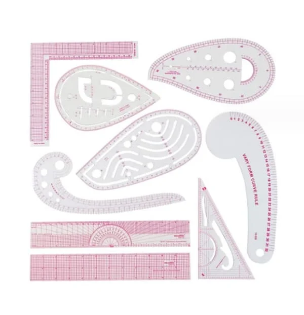9 Pieces French Metric Rulers Transparent Slant Rulers Curve Measurement