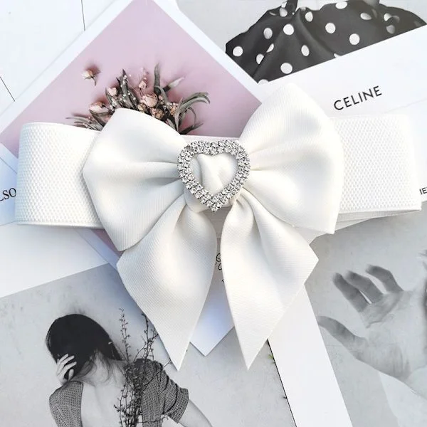 White Belt Women Bow Snap Elastic Wide Belt for Shirt Dresses