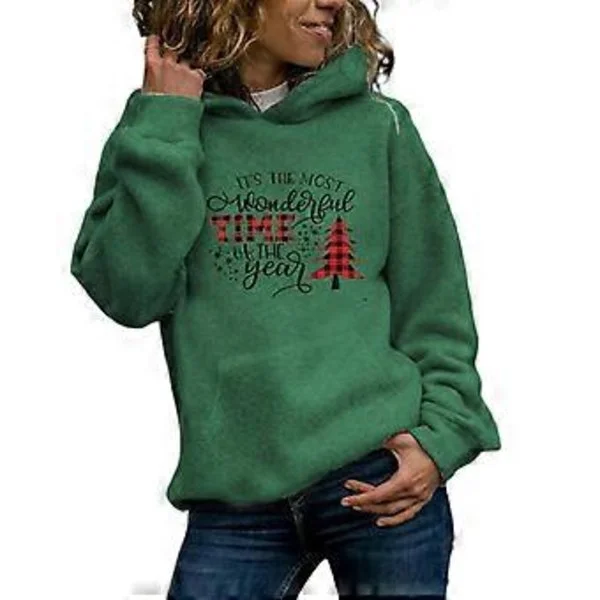 Jul-fleece-tröjor för damer, långärmade luddiga sweatshirts, jultröjor med grafik, avslappnad söt tröja med huva, grön M