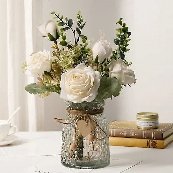 Konstgjorda blommor i vas, konstgjorda sidenrosor i vas, konstgjorda blomsterarrangemang i vas för hemmakontoret