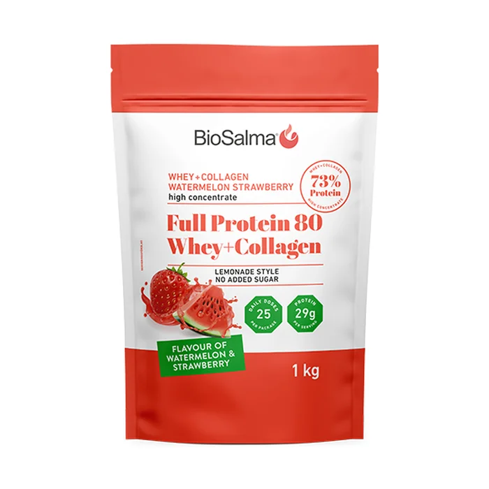 Valleprotein BioSalma Full Protein 80 Whey+Collagen Watermelon Strawberry 1 kg - Bodyman.dk