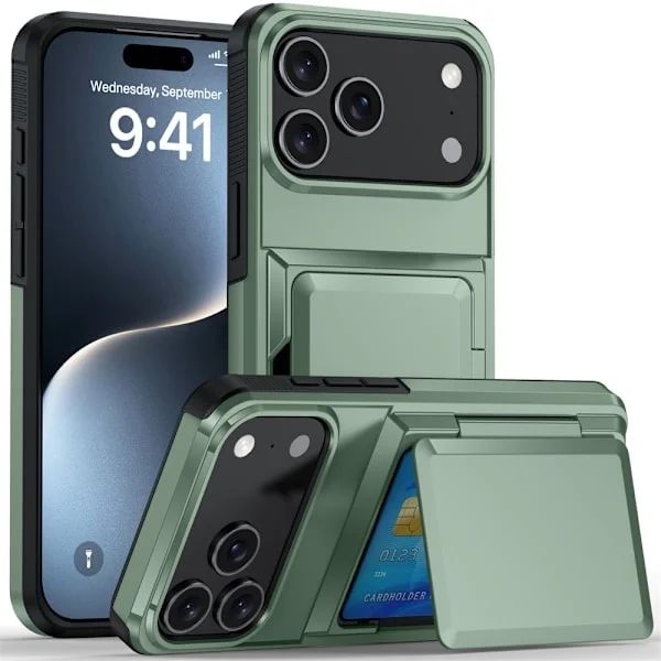 Etui til iPhone 17 Pro Max Pung - Stilfuldt beskyttelsesetui med kortholder (plads til 5 kort) - Grøn iPhone 17 Pro Max grøn iPhone 17 Pro Max