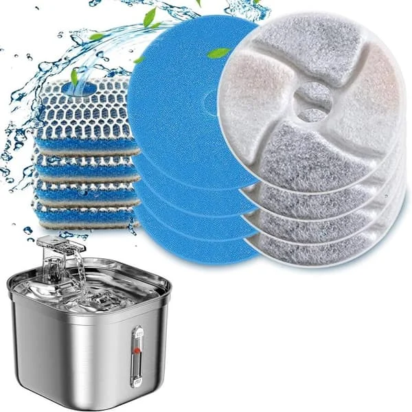 Rostfritt Stål Kvadratisk Kattvattenfontän Filter 6-pack Kattfontän Filter Ersättning, 3-stegs Filtreringssystem, Aktivt Kolfilter för 73