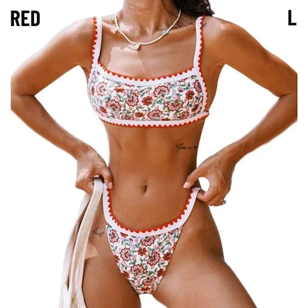 Tryckt Bikini Baddräkt Bikini Set RÖD L röd L