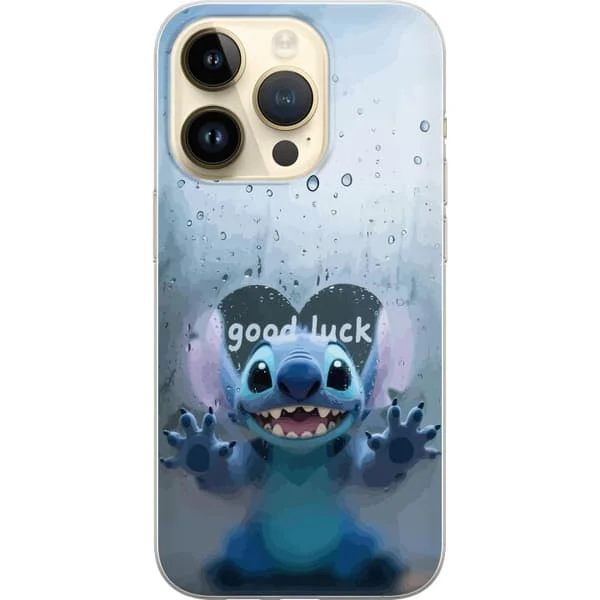Kompatibelt mobilcover til Apple iPhone 14 Pro Blå sød figur bag regnfuldt glas med teksten good luck, legende motiv med vanddråber og blød stil