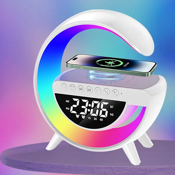 Langaton latauspöytävalaisin, monitoiminen Bluetooth-kaiutin ja herätyskello - LED-yövalaisin, sopii syväunisia varten.