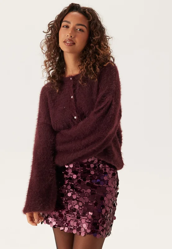 BUBBLEROOM-Fluffy Knitted Pearl Cardigan-Burgundy-XS
