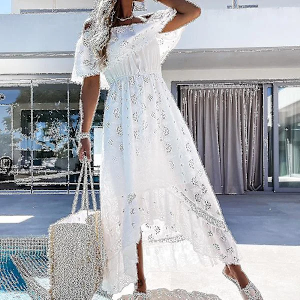 Bohemian Lace Maxi Dress for Women, White Beach Dress, Short Sleeve Off-Shoulder Dress-yu