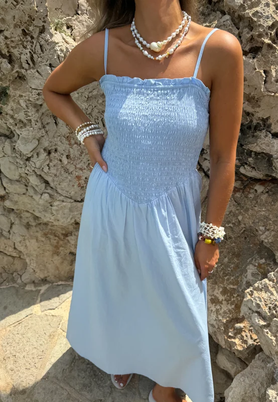 BUBBLEROOM - Strap Smock Dress - Light blue