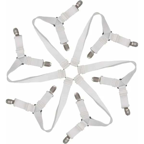 Elastic Sheet Fastener, Adjustable 6-Way Sheet Clips, Sheet Clips, Adjustable Fastener for All Round and Square Mattresses (White)