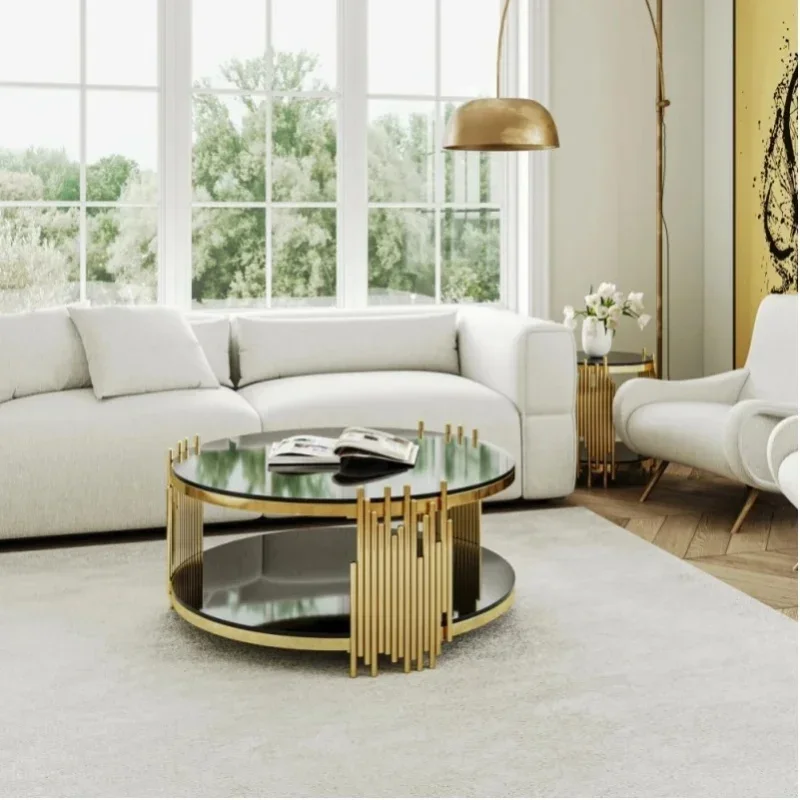 AliExpress - Table basse moderne en verre noir, luxe, ronde, double plateau en verre avec base en acier doré pour salon, bureau à domicile