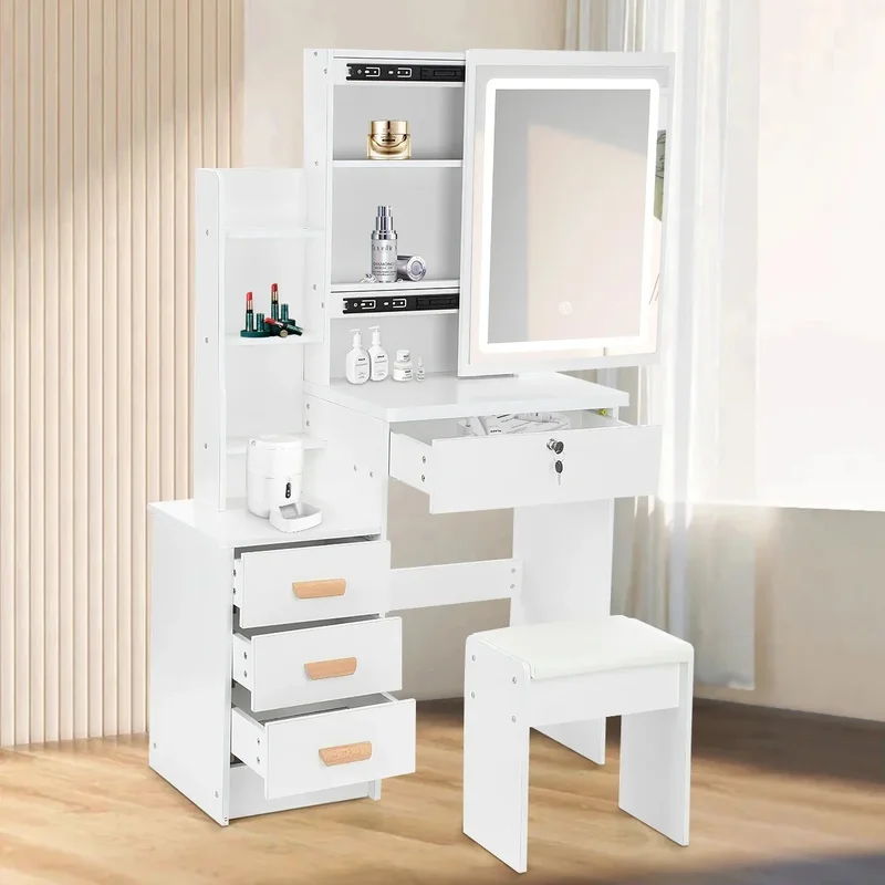 AliExpress - Kaptafel met spiegel en kruk, witte make-up kaptafel kaptafel met lades, open planken moderne slaapkamerdressing