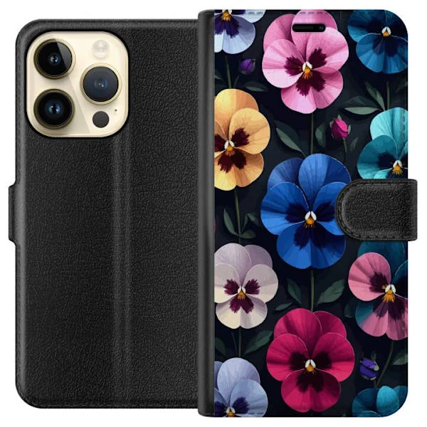 Kompatibelt Plånboksfodral till Apple iPhone 14 Pro Färgstarka penséer i rosa, blå och lila nyanser som skapar en levande och blomstrande känsla