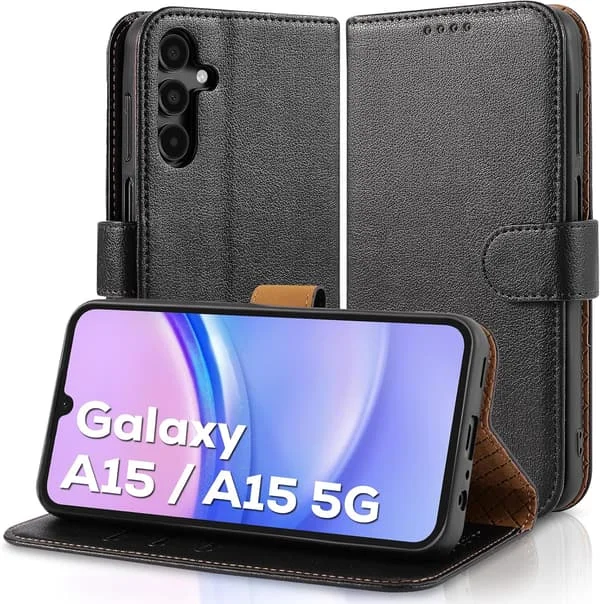 Samsung A15 -puhelinkotelo - Nahkakotelo [RFID-suojauksella] Iskunkestävä [jalusta] Samsung Galaxy A15 5G:lle