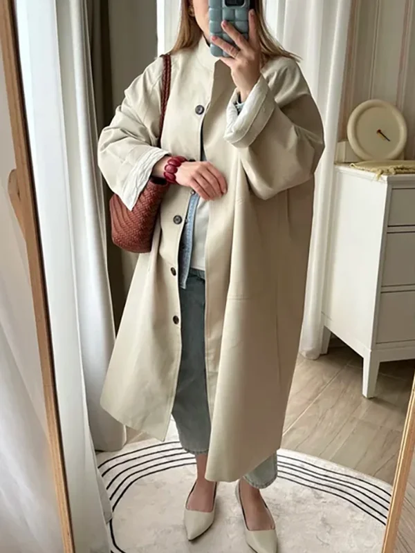 AliExpress - Stehkragen Langer Trenchcoat Damen Frühling Lässiger einreihiger Trenchcoat mit Umlegekragen