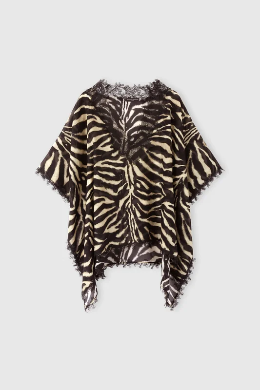 Ermanno Scervino Kaftano corto in mix cotone e seta con stampa animalier zebrata, Nero