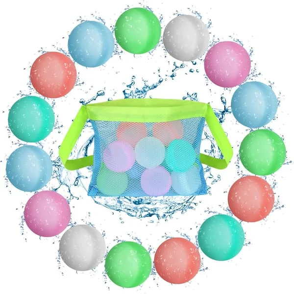 Reusable Water Balloons, 15 Pcs Refillable Water Bomb Balloons with Mesh Bag, Silicone Water Balls for Kids and Adults Summer