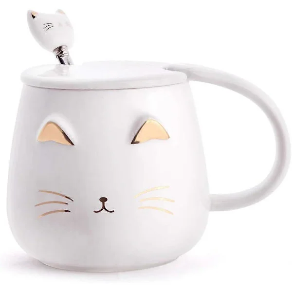 Vit Kattmugg, Söt Keramisk Kaffemugg med Rostfri Sked, Ny Kaffemugg Kopp för Kattälskare Kvinnor Flickor