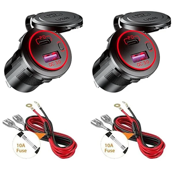 2X USB PD Type C & QC 3.0 Biloplader til Bil 12V Stikkontakt med ON/OFF Afbryder til Motorcykel RV ATV, Rød