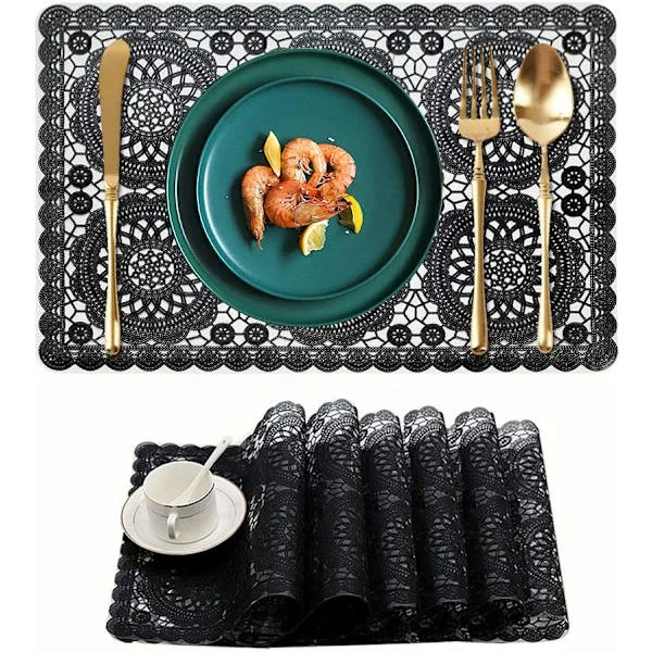 Waterproof Plastic Placemats for Dining Table, Easy to Wipe Clean, Washable Vinyl PVC Table Mats for Kitchen, Black Bb-black