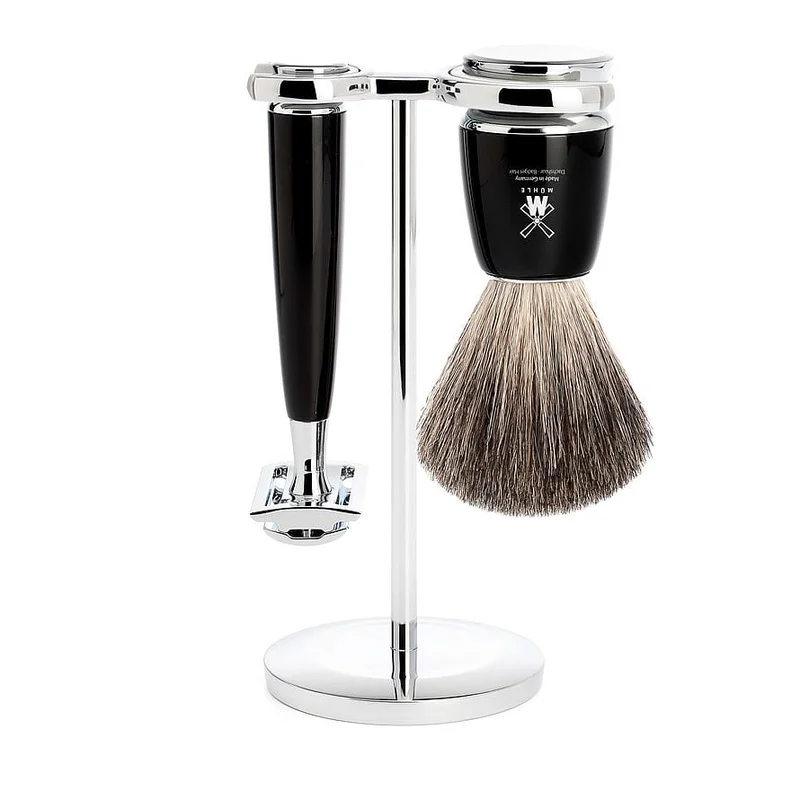 Mühle Shaving Mühle Barbersæt med DE-Skraber, holder, kost SORT Sort, Mænd, Barbering, Skrabere & Blade
