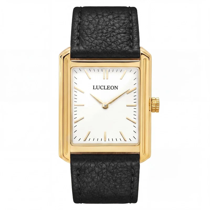 Legacy | Retro Squared Gold-tone Watch with White Dial and Black Leather Strap for Men - Wrist watches