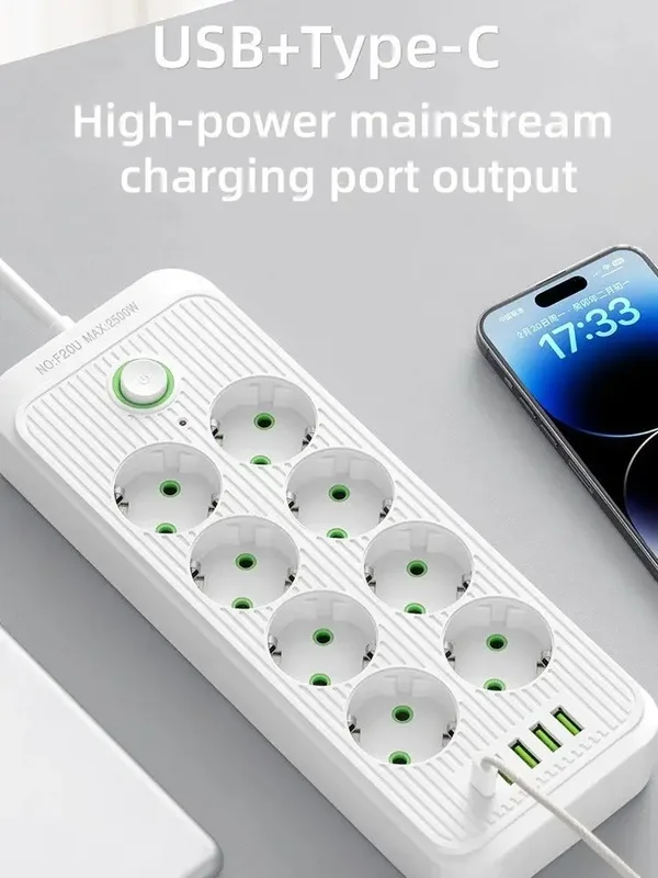 AliExpress - Stekkerdoos met 2M Verlengsnoer 6/8 EU Gaten 4USB Type C Poorten Universele AC Outlet Stopcontact Telefoon Veilig Opladen Adapter
