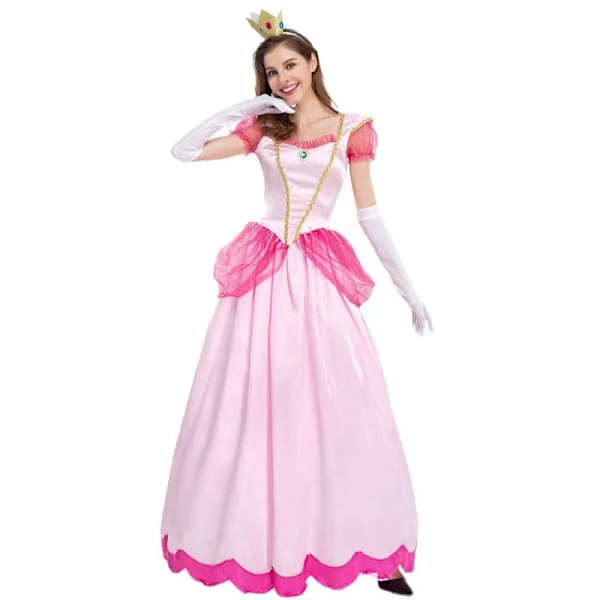 [RM]Super Mario Peach Cosplay Women's Clothing Cosplay Costume Pink Princess Dress + Gloves + Headwear Clothing Set L