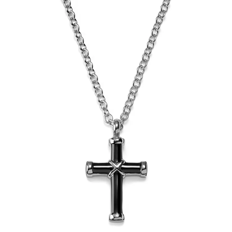 Smooth Black Cross Necklace with Silver-Tone Ends for Men - Cross necklaces