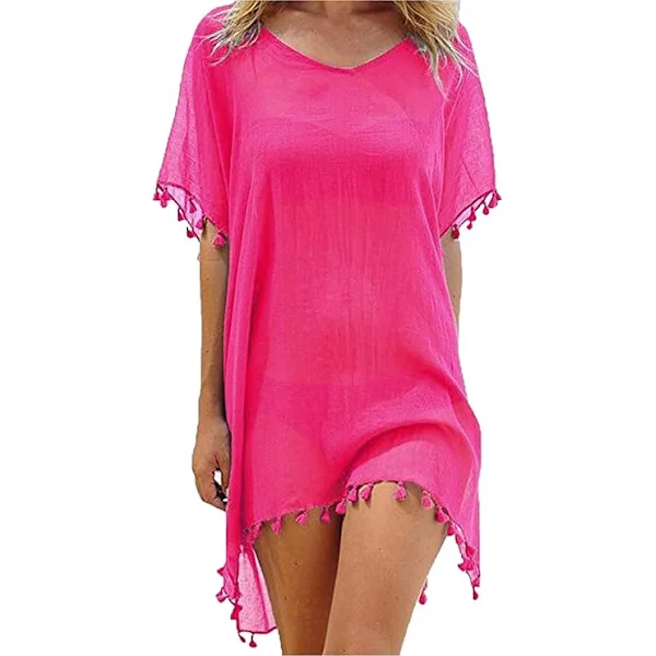 Women's Beach Dress Summer Dress Bikini Cover Up Summer Swimwear Long Shirt Tunic Beach Poncho Fringed Sexy Chiffon Beach Blouse Women