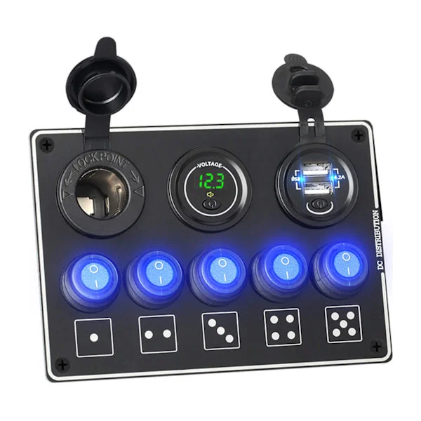 [RM]5-veis vippebryter Dobbel USB-lader LED-voltmeter med bryter 12V-uttak Forhåndskoblet bryterpanel for bil Lastebil Båt Marine SUV