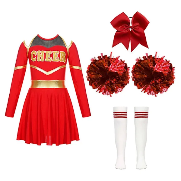 【BQ】Thds Girls Dance Costume Round Neck Long Sleeve Dress with Shorts Bow Headpiece Hand Flowers Socks Cheerleading Uniform Outfits red
