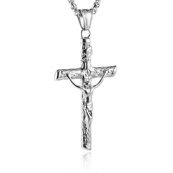 Krucifix Kors Hänge Dop Kristna Smycken Rostfritt Stål Jesus Halsband för Män Kvinnor med 22+2 Kedja