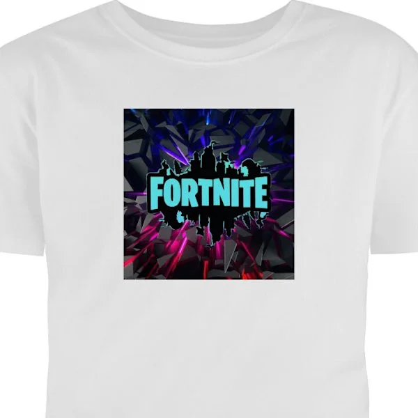 Barn-T-shirt | Bekväm T-shirt för Barn Vit 9-11 År Färgstark spelinspirerad logotyp med neonfärger och dramatisk bakgrund