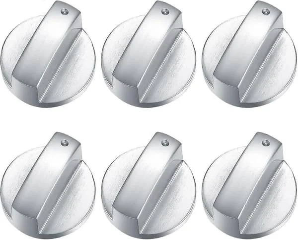 6 stk Gasskontrollknapp, Metall 6mm Komfyrkontrollbryter, Sølvadaptere Ovn Kokeplate Bryterknapper, Gasskomfyrknapp Kontrollås