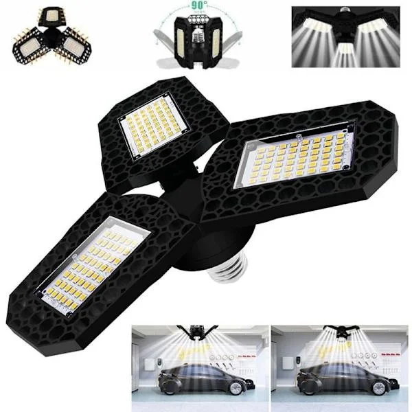 60W LED Garasjelys, LED Taklampe, E27 Deformerbar Takpære med 3 Justerbare Paneler, Kjølig Hvit, for Garasje Verksted Lager Kjeller Hall