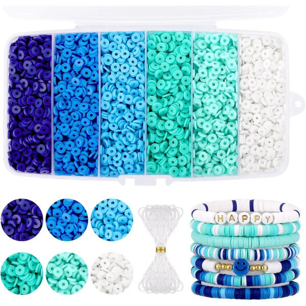 Lera Perler for Armbånd Produksjon, Perler Polymerleire Perler, Flate Runde Skive Lera Perler for Smykker Produksjon (6mm) Blå