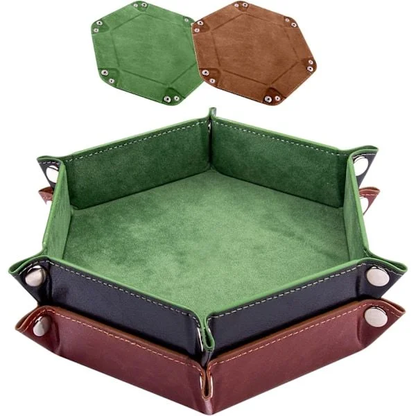 2 stycken tärningsbrickor hexagon tärning fällbar bricka PU läder sammetshållare bricka för RPG DND och andra brädspel (grön, kamel)