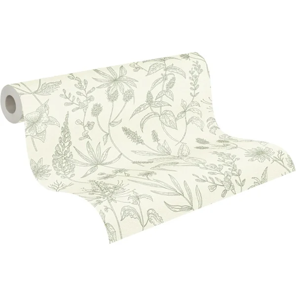 Creation Non-woven tapet 10m x 0.44 m med strukturerat blommönster - Grön, Silver, Vit - blommig tapet med metalliska accenter