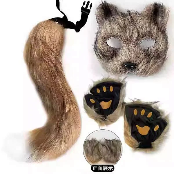 (SC) Plush Mask with Fox Tail and Ears Set, Cat Tail Fox Costume Cosplay Costume with Cat Ears and Paw Gloves Halloween Cosplay Brown