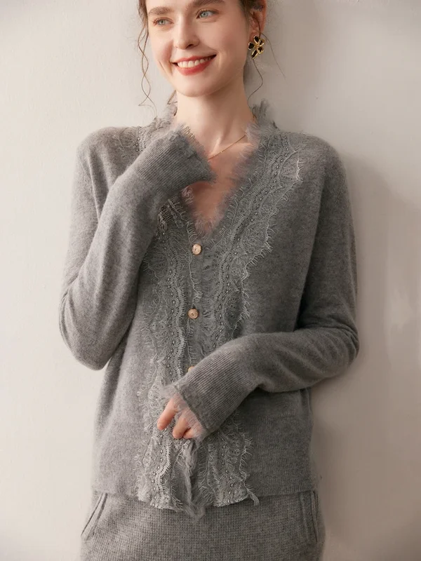 AliExpress - Herbst/Winter Damen-Cardigan aus 100 % reinem Kaschmir, lässig, einfarbig, Spitze, Strickpullover, Passform, V-Ausschnitt, Tops, warmer 