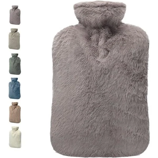 Hot Water Bottle with Cover, 2L PVC Hot Water Bag for Neck, Shoulder Pain and Hand Warmer, Menstrual Cramps, Hot Compress and Cold Therapy (Grey)